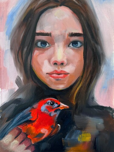 Pintura intitulada "Girl with a Red Bird" por Darya Khus, Obras de arte originais, Óleo