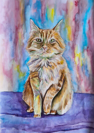 Рисунок под названием "Orange cat original…" - Darya Moisseyeva, Подлинное произведение искусства, Акварель