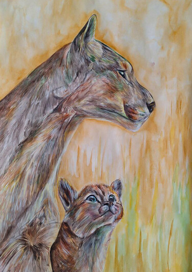 Disegno intitolato "Mother lion and the…" da Darya Moisseyeva, Opera d'arte originale, Acquarello