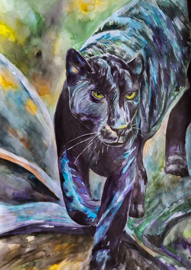 Dessin intitulée "Black panther origi…" par Darya Moisseyeva, Œuvre d'art originale, Aquarelle