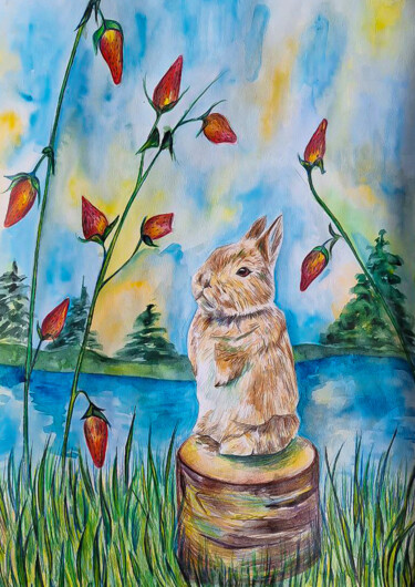 Disegno intitolato "Bunny in the magic…" da Darya Moisseyeva, Opera d'arte originale, Acquarello