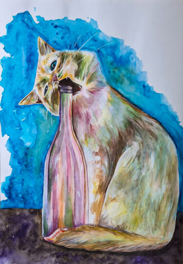 Zeichnungen mit dem Titel "Drinking cat" von Darya Moisseyeva, Original-Kunstwerk, Aquarell