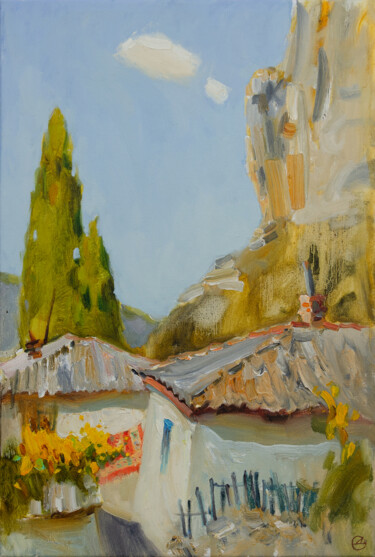 Painting titled "Mountain village" by Darya Salakhova, Original Artwork, Oil Mounted on Wood Stretcher frame