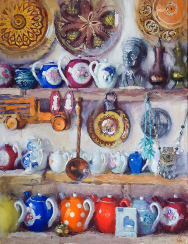 Painting titled "Antique shop in Buk…" by Darya Salakhova, Original Artwork, Tempera