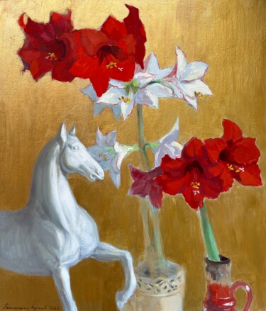 Painting titled "“White and red “" by Darya Sumarava- Kopach, Original Artwork, Oil Mounted on Wood Stretcher frame
