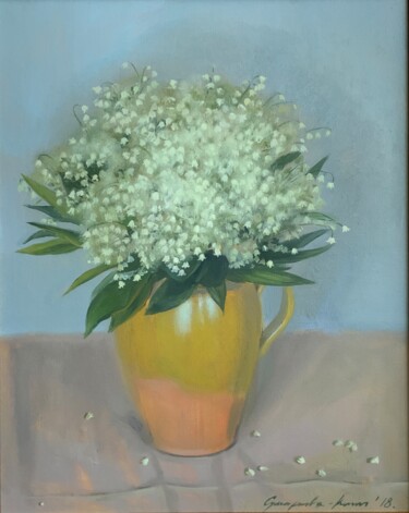 Painting titled "« lilies of the val…" by Darya Sumarava- Kopach, Original Artwork, Oil Mounted on Wood Stretcher frame