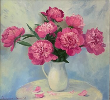 Painting titled "“Morning. Peonies.”" by Darya Sumarava- Kopach, Original Artwork, Oil Mounted on Wood Stretcher frame