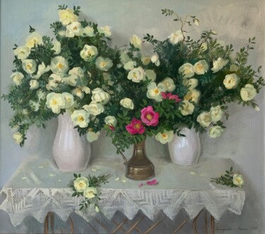 Pintura titulada "« White rose, wild…" por Darya Sumarava- Kopach, Obra de arte original, Oleo Montado en Bastidor de camill…