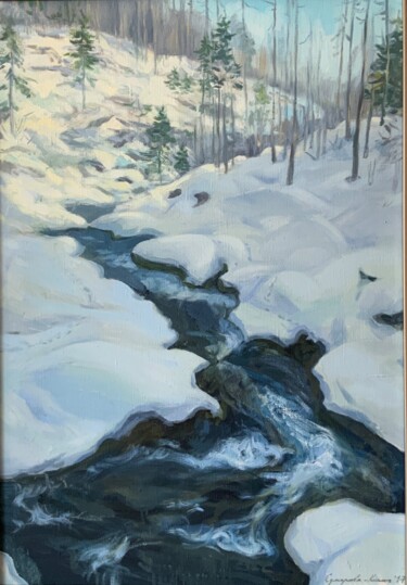 Painting titled "“ Mountain river. H…" by Darya Sumarava- Kopach, Original Artwork, Oil Mounted on Wood Stretcher frame