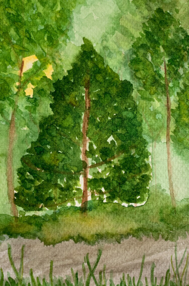 Malerei mit dem Titel "Evening forest" von Dasha Sem, Original-Kunstwerk, Aquarell