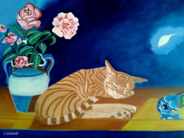 Painting titled "Chat des fleurs" by Sophie Daumy, Original Artwork, Oil