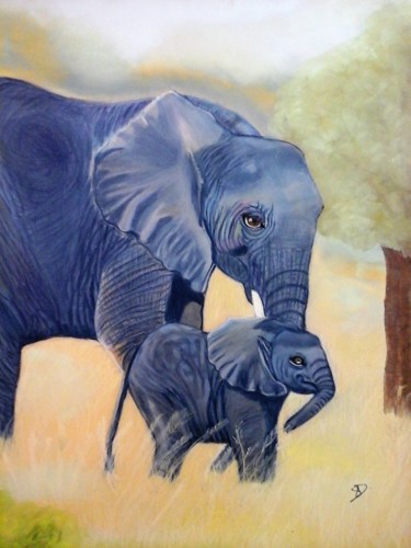 Tekening getiteld "Eléphants" door Sophie Daumy, Origineel Kunstwerk, Pastel