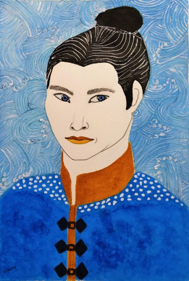 Painting titled "homme en bleu" by Sophie Daumy, Original Artwork, Watercolor