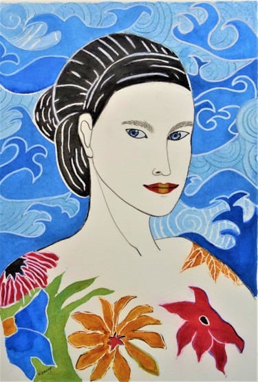 Painting titled "Femme en bleu" by Sophie Daumy, Original Artwork, Watercolor