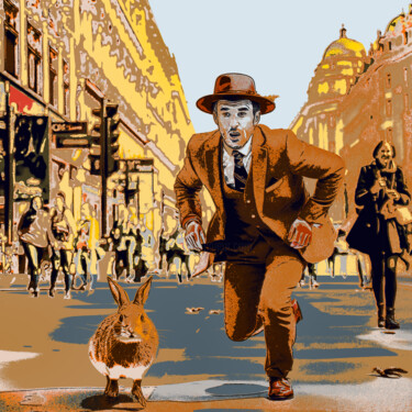 Digitale Kunst mit dem Titel "Man v Rabbit in City" von Dave Collier, Original-Kunstwerk, 2D digitale Arbeit