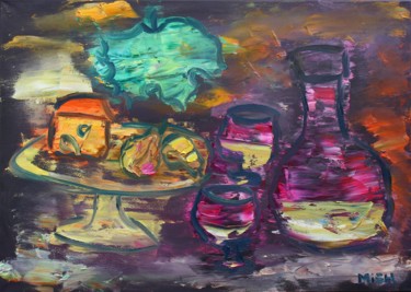 Malerei mit dem Titel "Cheese, Wine and Pe…" von Mikhail (Mish) Yevdakov, Original-Kunstwerk, Öl