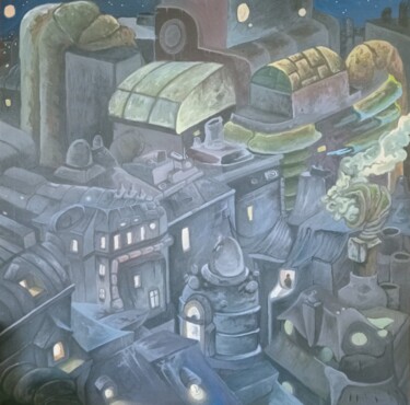 Painting titled "dark city" by David Augusto (mojak), Original Artwork, Acrylic Mounted on Wood Stretcher frame