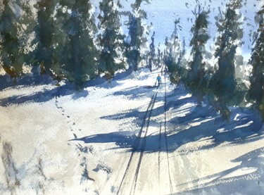 Painting titled "Sur la piste" by David Azul, Original Artwork, Watercolor