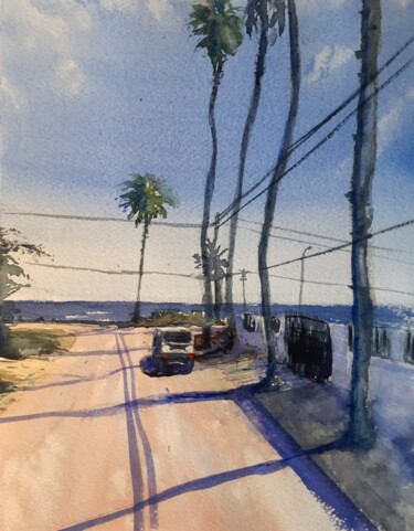 Malerei mit dem Titel "West indies street" von David Azul, Original-Kunstwerk, Aquarell