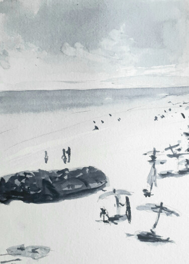 Dibujo titulada "La grande plage" por David Azul, Obra de arte original, Acuarela