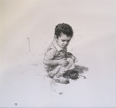 Drawing titled "Boy playing" by David Beglaryan, Original Artwork, Ink Mounted on Cardboard