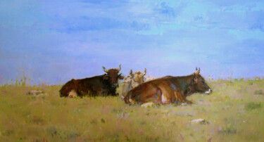 Painting titled "Cows in the field" by David Beglaryan, Original Artwork, Oil Mounted on Wood Stretcher frame