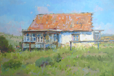 Painting titled "Village House" by David Beglaryan, Original Artwork, Oil Mounted on Wood Stretcher frame