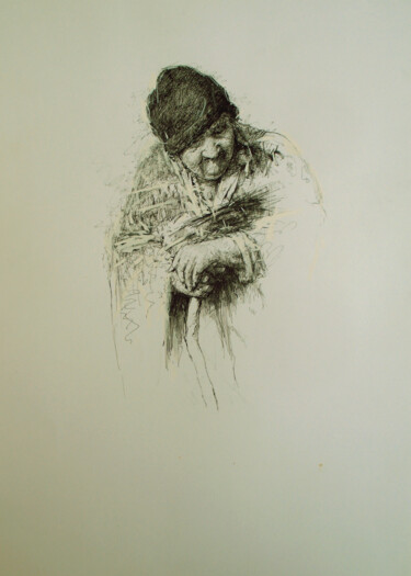 Dibujo titulada "Village old woman" por David Beglaryan, Obra de arte original, Tinta