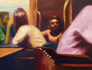 Painting titled "Maëlle (dans un caf…" by David Benayoun, Original Artwork, Oil Mounted on Wood Stretcher frame