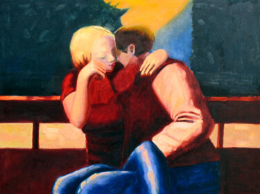Peinture intitulée "Couple sur un banc" par David Benayoun, Œuvre d'art originale, Huile Monté sur Châssis en bois