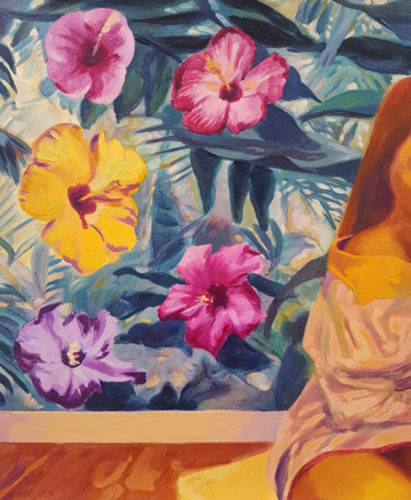 Peinture intitulée "Femme Assise" par David Benayoun, Œuvre d'art originale, Huile Monté sur Châssis en bois