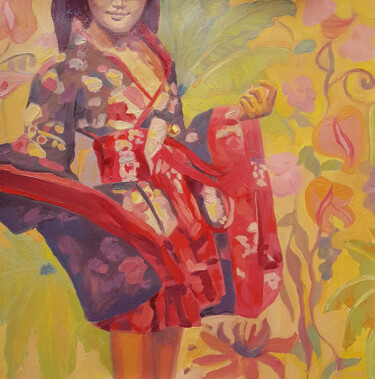 Malerei mit dem Titel "Costume Japonais ro…" von David Benayoun, Original-Kunstwerk, Öl