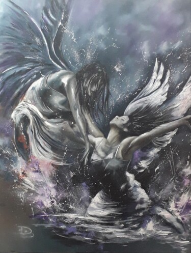 Painting titled "Swan lake" by David Bequet, Original Artwork, Oil Mounted on Wood Stretcher frame