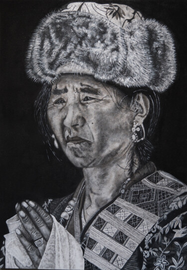 Peinture intitulée "Femme du Ladakh - S…" par David Cadran, Œuvre d'art originale, Acrylique