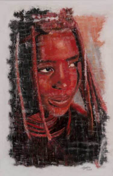 Malerei mit dem Titel "Portrait femme Himba" von David Cadran, Original-Kunstwerk, Pastell