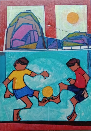 绘画 标题为“Futebol com Pão de…” 由David Da Costa, 原创艺术品, 丙烯 安装在木质担架架上