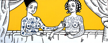 Painting titled "Tattooed Sisters" by David Gander, Original Artwork, Acrylic Mounted on Wood Panel