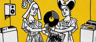 Painting titled "Record Store Day" by David Gander, Original Artwork, Acrylic Mounted on Wood Panel
