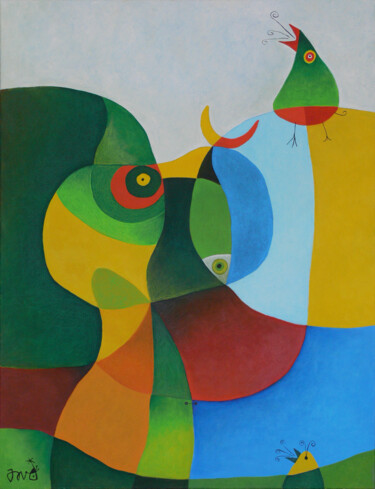Schilderij getiteld "El niño, los pájaro…" door David García Rincón, Origineel Kunstwerk, Olie