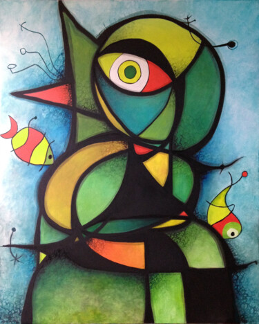 Schilderij getiteld "El pájaro y los pec…" door David García Rincón, Origineel Kunstwerk, Olie