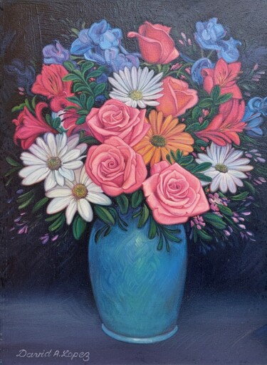 Painting titled "Las flores" by David Lopez, Original Artwork, Oil Mounted on Wood Stretcher frame