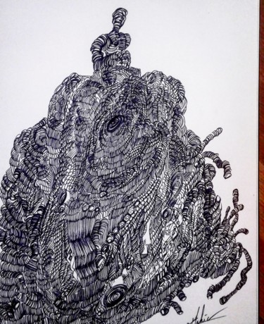 Drawing titled "Homme sur le rocher…" by David Maheo, Original Artwork, Gel pen