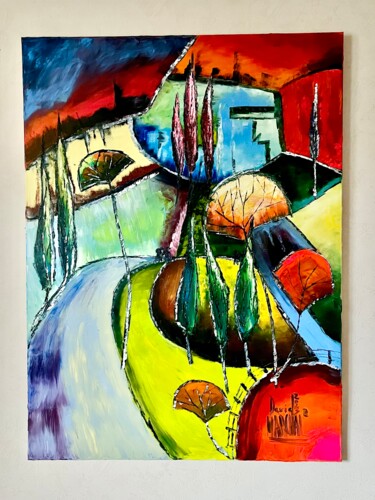 Painting titled "Chemin des trois cy…" by David Marchal, Original Artwork, Oil