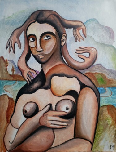 Painting titled "Femme." by David Simard, Original Artwork, Oil Mounted on Wood Stretcher frame