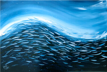 Painting titled "Fish Wave In Dark B…" by David Clare, Original Artwork, Acrylic Mounted on Wood Stretcher frame