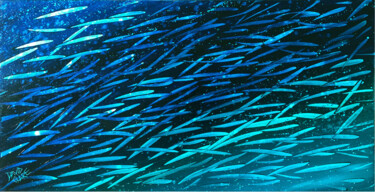 Schilderij getiteld "Fleeting Fish" door David Clare, Origineel Kunstwerk, Olie Gemonteerd op Frame voor houten brancard