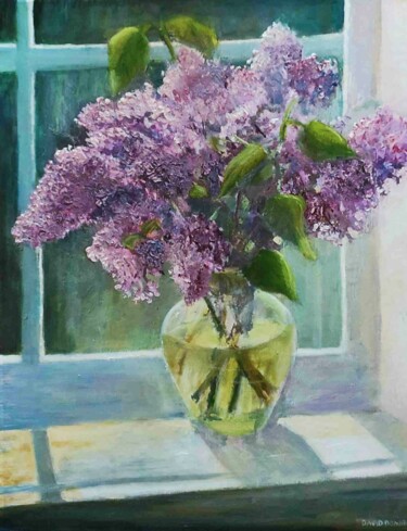 Painting titled "Lilacs in vase" by David Donnelly, Original Artwork, Oil Mounted on Wood Stretcher frame