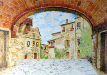 Tekening getiteld "Medieval village" door Davide Novello, Origineel Kunstwerk, Conté