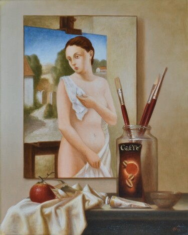 Painting titled "Il pittore e la mod…" by Davide Nunziante, Original Artwork, Oil Mounted on Wood Stretcher frame
