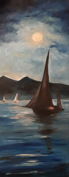 Pittura intitolato "Barca a vela di not…" da Davide Pacini, Opera d'arte originale, Olio